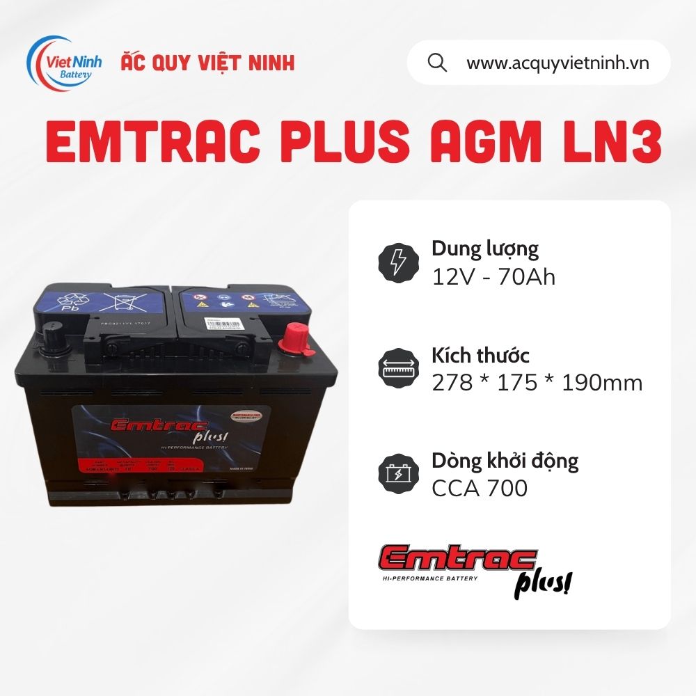 Ắc quy Emtrac Plus AGM LN3 (12V - 70Ah)